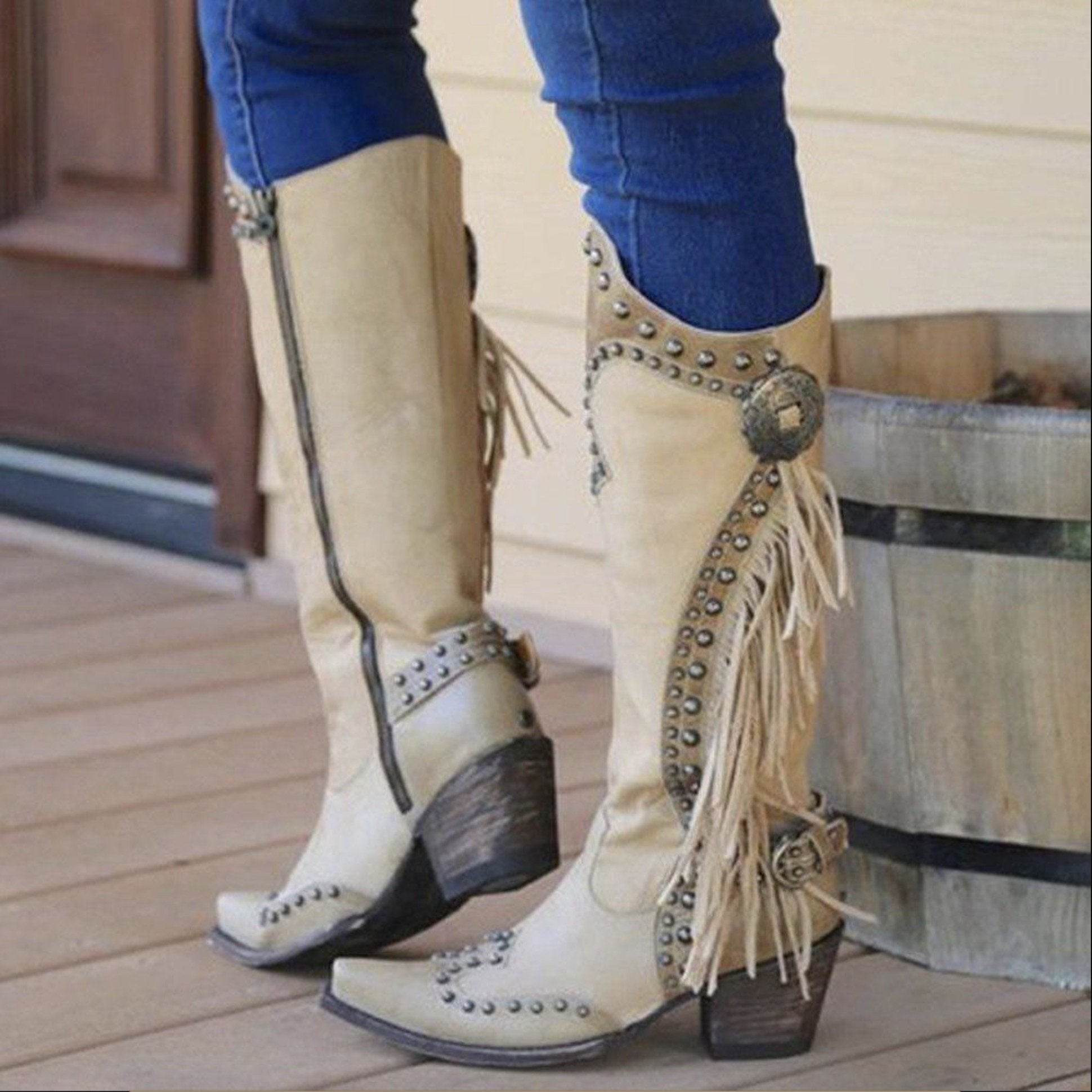 GOOSHOE Square Toe Chunky Heel Side Zipper Rivet Sweet Boots