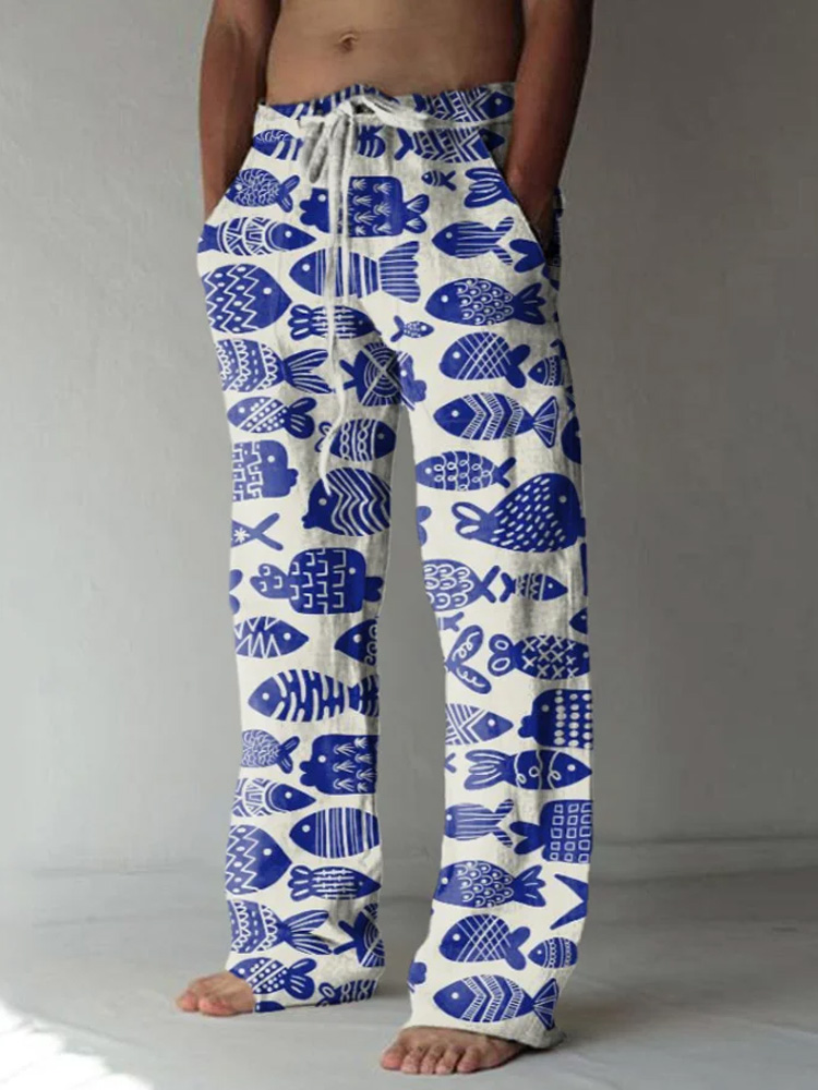  Men's Sea Life Fish Resort Retro Print Casual Pants Westsshops