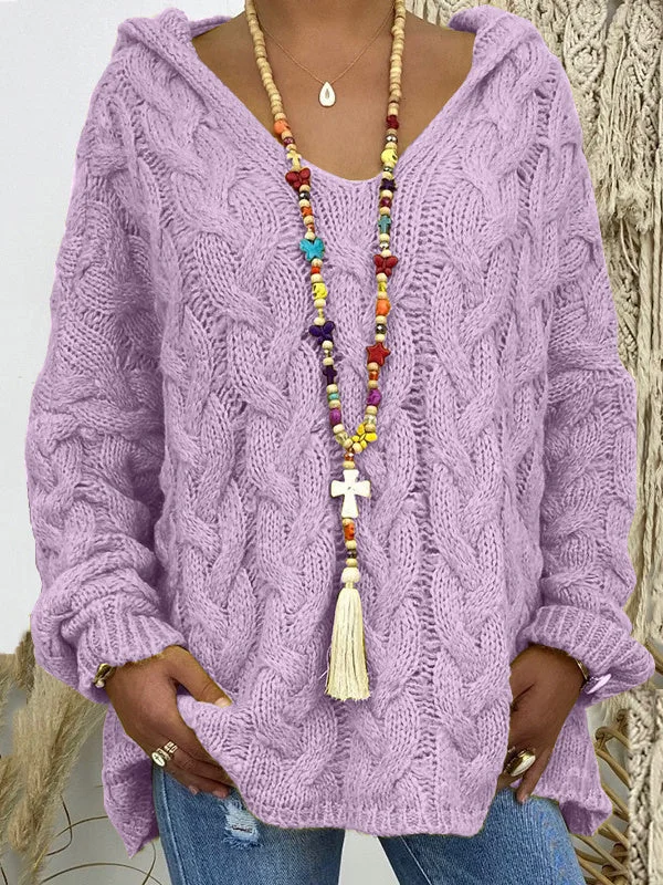 Women plus size clothing Women Long Sleeve V-neck Knitted Hemp Pattern Casual Soild Sweater Tops-Nordswear