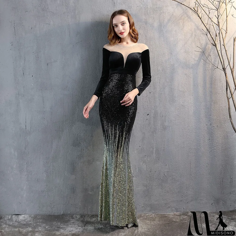 MidiSono - Formal Long Sleeve Patch Velvet Sequins Mermaid Evening Dress