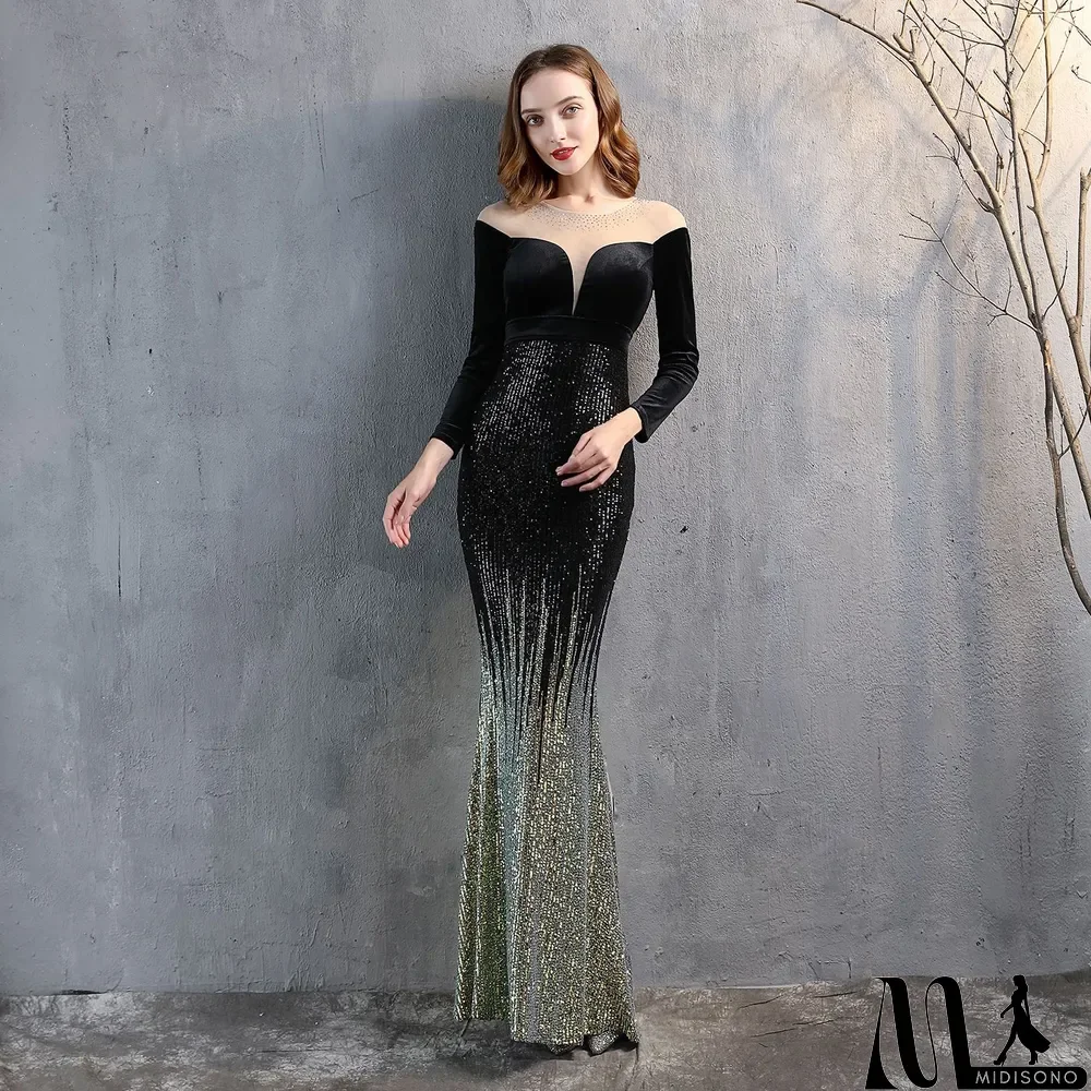 MidiSono - Formal Long Sleeve Patch Velvet Sequins Mermaid Evening Dress