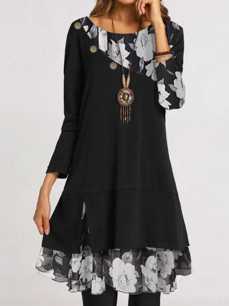 Women's Graphic Stitching Floral Printed Scoop Neck Long Sleeve Midi Dress