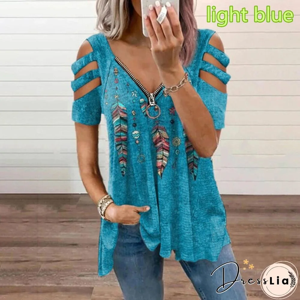 Women's T-shirt Summer New Fashion Women's Feather Printed Zipper V-neck Strapless Short Sleeve T-shirt Loose Soft and Comfortable Thin Summer Top Shirt Plus Size