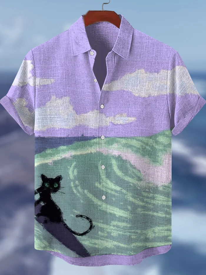 Men's Black Cat Surfing Art Print Casual Shirt
