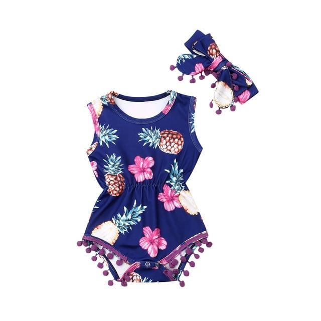 2019 Baby Summer Clothing Infant Newborn Baby Girl Boy Tassel Bodysuits Headband Pineapple Outfit Sleeveless Floral 2pc Jumpsuit