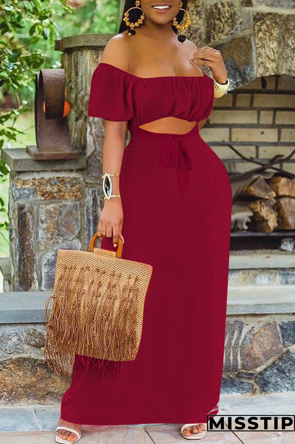Burgundy Sexy Solid Patchwork Off the Shoulder Straight Dresses