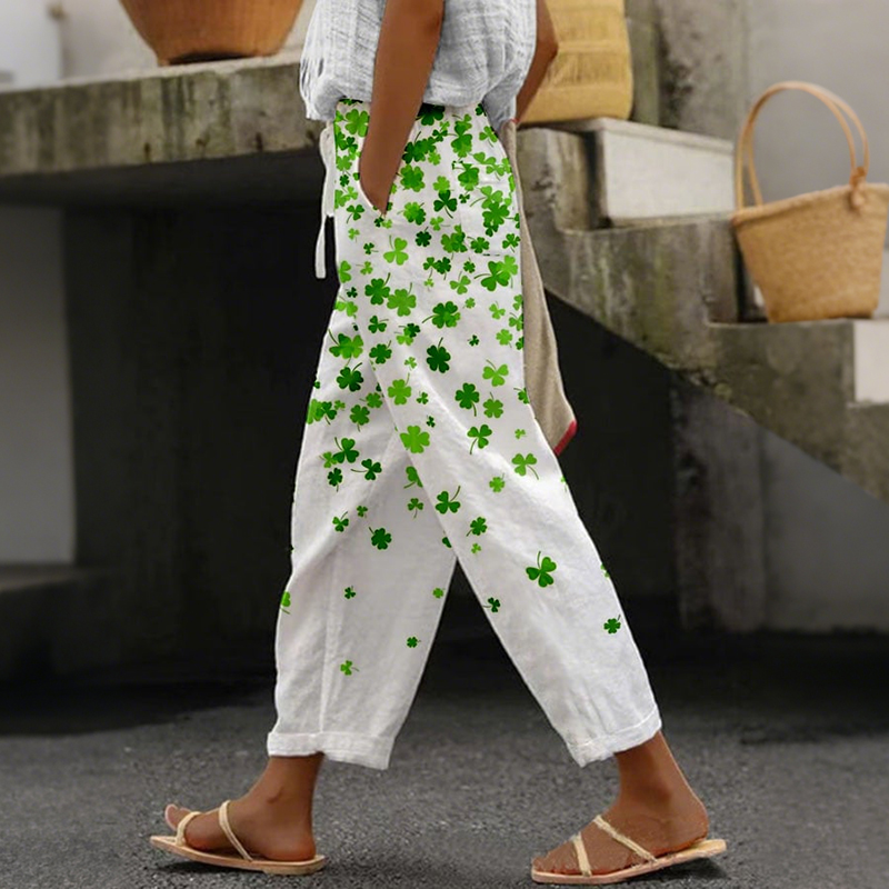Women's Shamrock Flower St. Patrick's Day Print Casual Pants wearshes