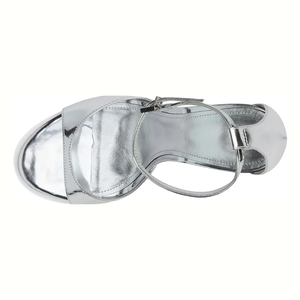 Women's Mirror Patent Leather Ankle Strap High Heel Silver Sandals