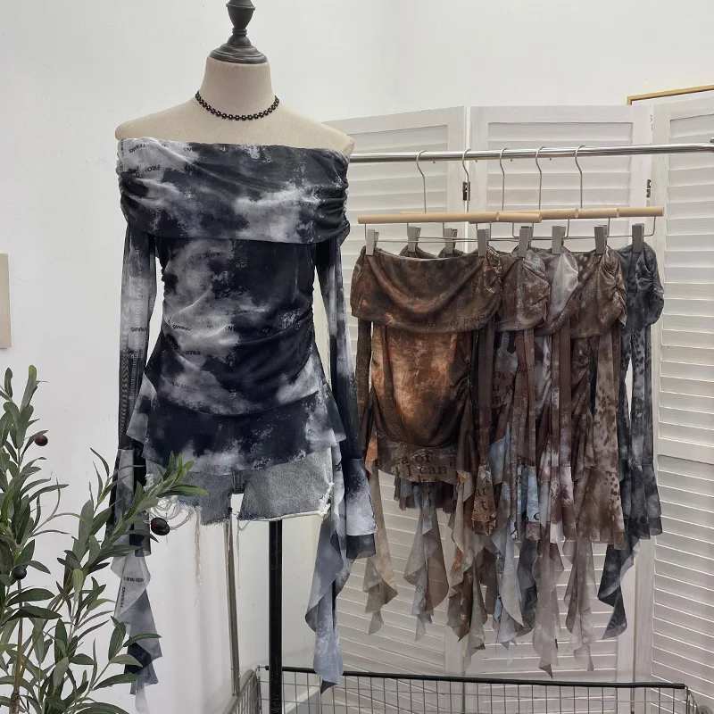 Uveng Real Shot Shoulder Strap Tie Dyed Net Shawl Shirt T-Shirt T-Shirt T-Shirt Design Folded Long-Sleeved T-Shirt 8003