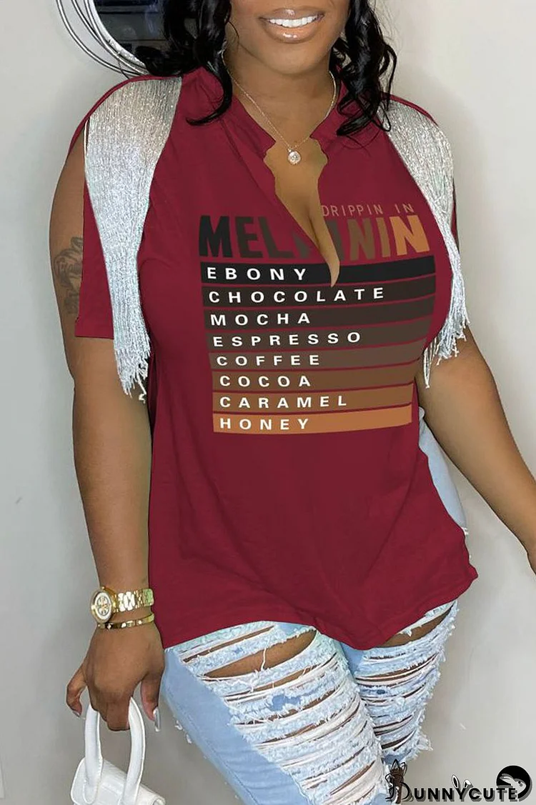 Burgundy Casual Letter Print Tassel Patchwork V Neck T-Shirts