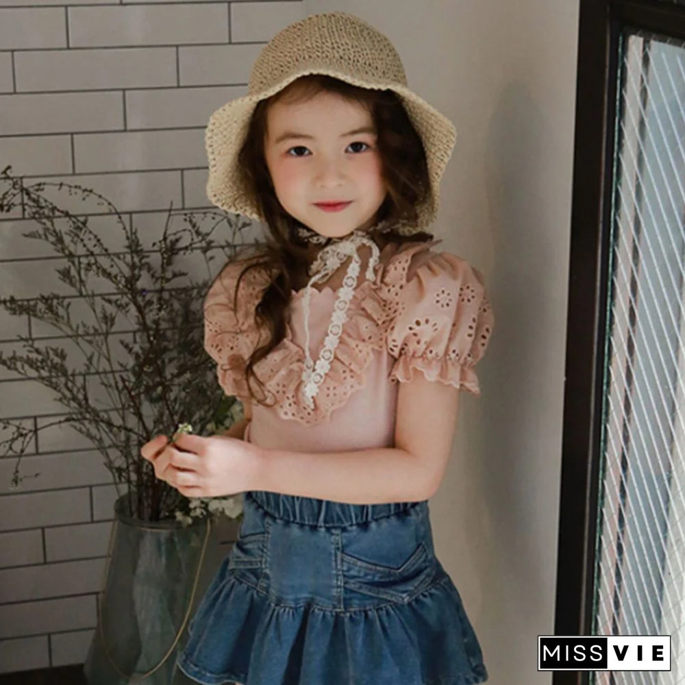 Summer Children's Clothing Solid Color Small And Medium-Sized Girls Triangular Lace Collar Short Sleeve Bubble Sleeve T-Shirt