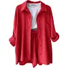 Women's Wrinkled Fabric Casual Long Sleeve Shirt High Waist Drawstring Shorts Two-piece Set