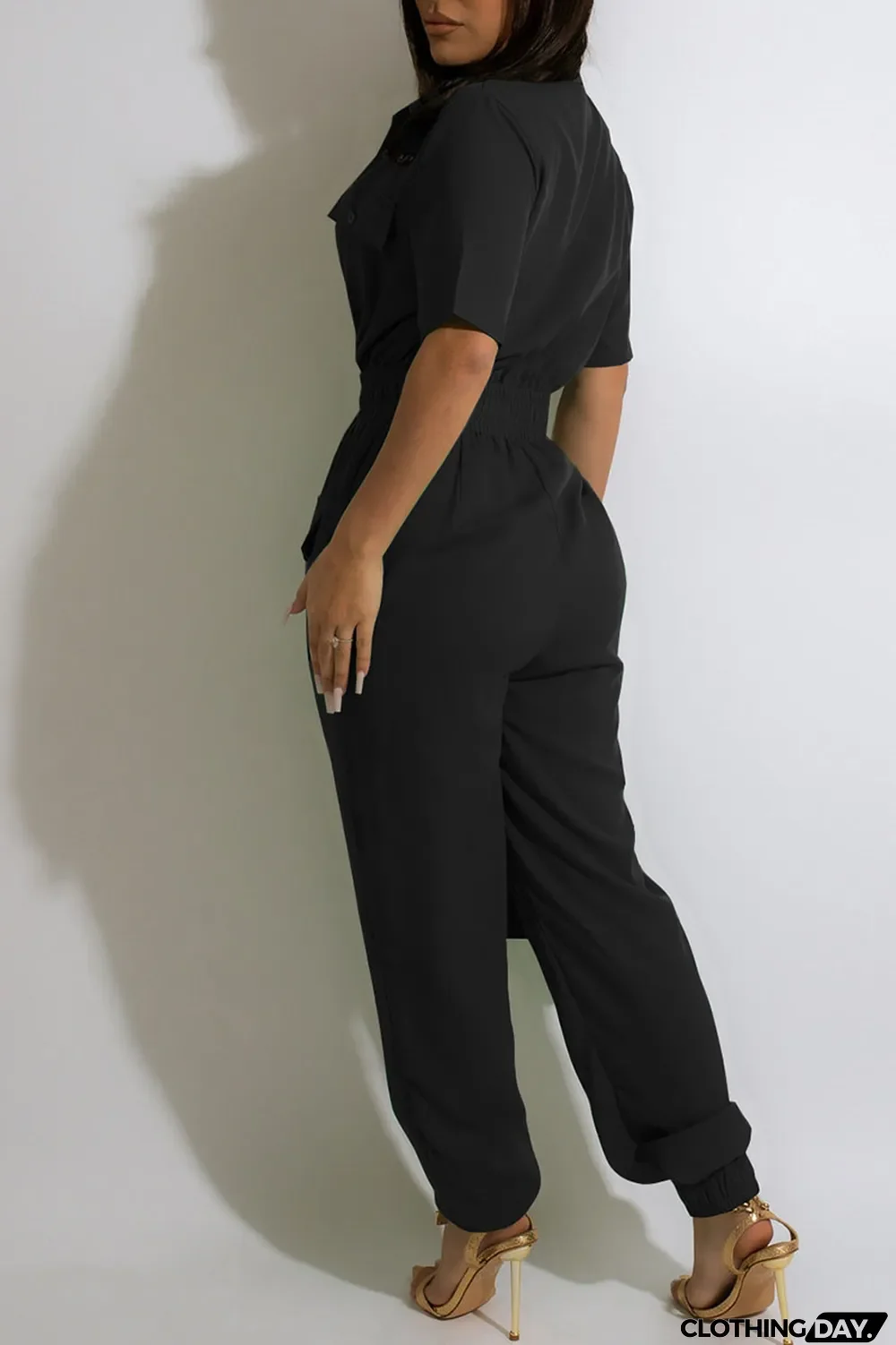Green Casual Solid Split Joint Buckle Turndown Collar Regular Jumpsuits