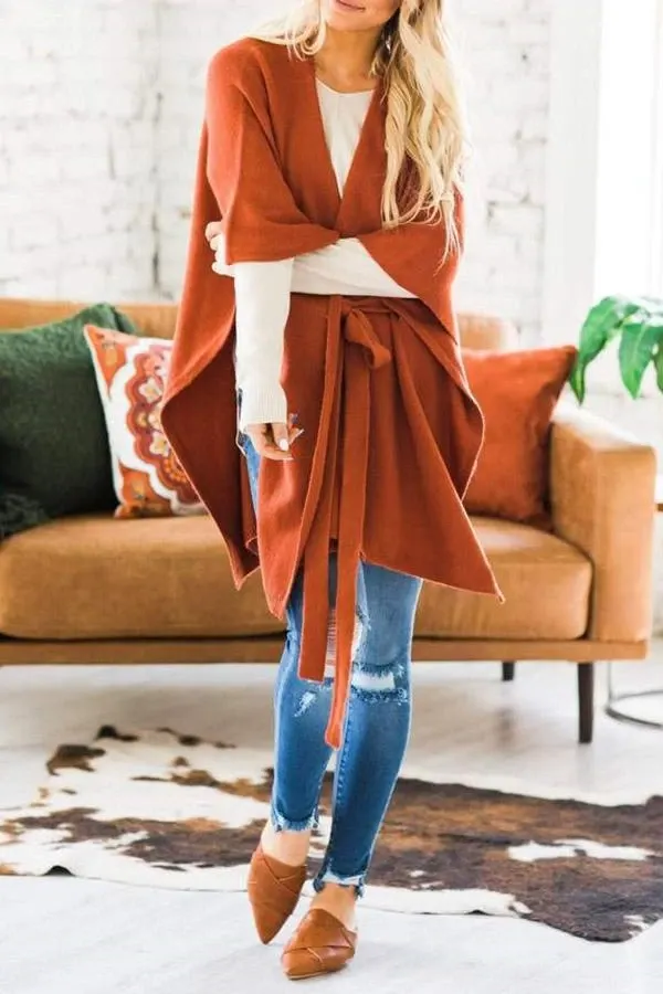 Solid Color Belt Batwing Sleeve Coat