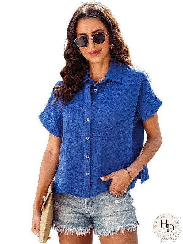 Versatile Solid Collar Loose Fit Blouse with Short Sleeves