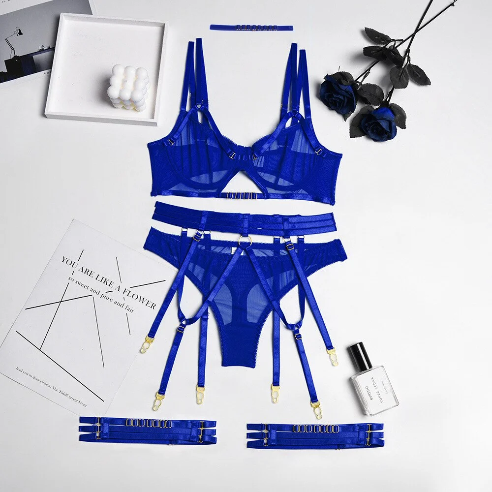 MIRABELLE Sensual Lingerie Sexy Underwear See Through Lace Bra and Panty Sets 4 Piece Erotic Costumes Short Skin Care Kits