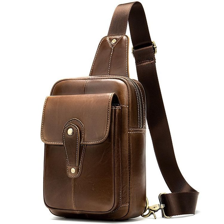 Men’s Retro Style Soft Genuine Leather Large Capacity Adjustable Sling Chest Bag