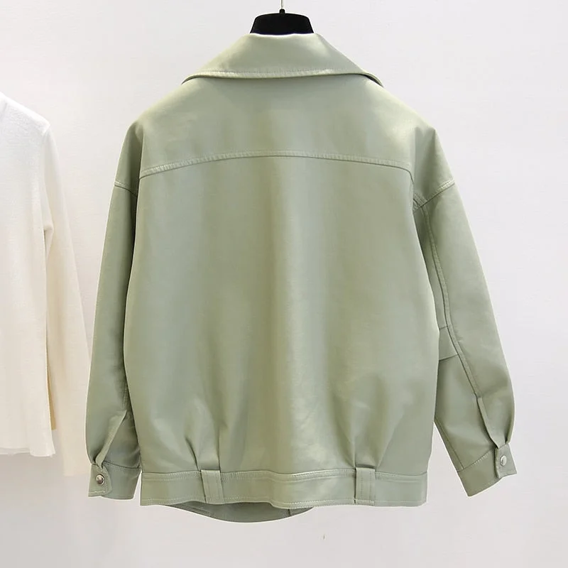 FTLZZ New Spring Faux Leather Pu Jacket Women Loose BF Coat Female Turndown Collar Moto Biker Rivet Zipper Vintage Street Jacket