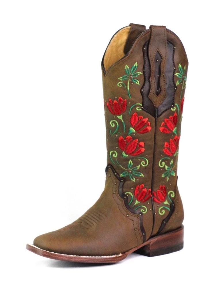 Heelchic Women Mid Calf Cowboy Boots Square Toe Chunky Heel Embroidered Floral Western Boots