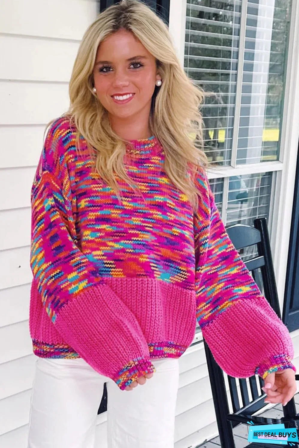 Bright Pink Rainbow Confetti Drop Shoulder Sweater