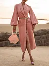 Simple Solid Color Puff Sleeve Lapel Collar Pocket Urban Long Woolen Coat