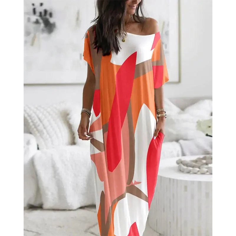 Brownm Summer Round Neck Sleeves Printed Loose Dresses