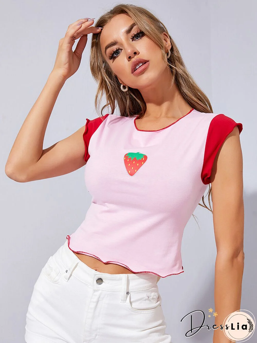 Strawberry Graphic Cap Sleeve Contrast Color Lettuce Trim T-shirt