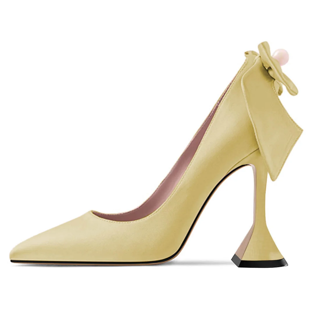 YDN Satin Pointy Toe Pearl Bow Flared Heel Pumps Shoes in Yellow