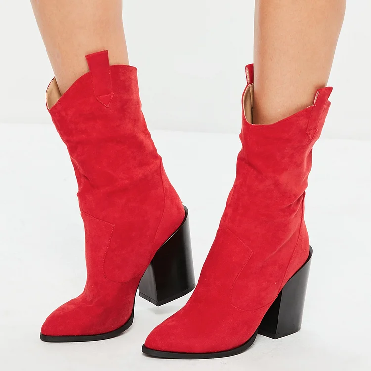 Red Vegan Suede Western Boots Block Heel Mid Calf Boots |FSJ Shoes
