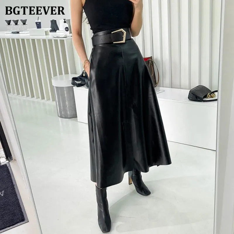 BGTEEVER Chic High Waist Sashes Belted Women PU Leather Skirts Autumn Winter Stylish Loose Midi Female Faux PU Skirts 2021