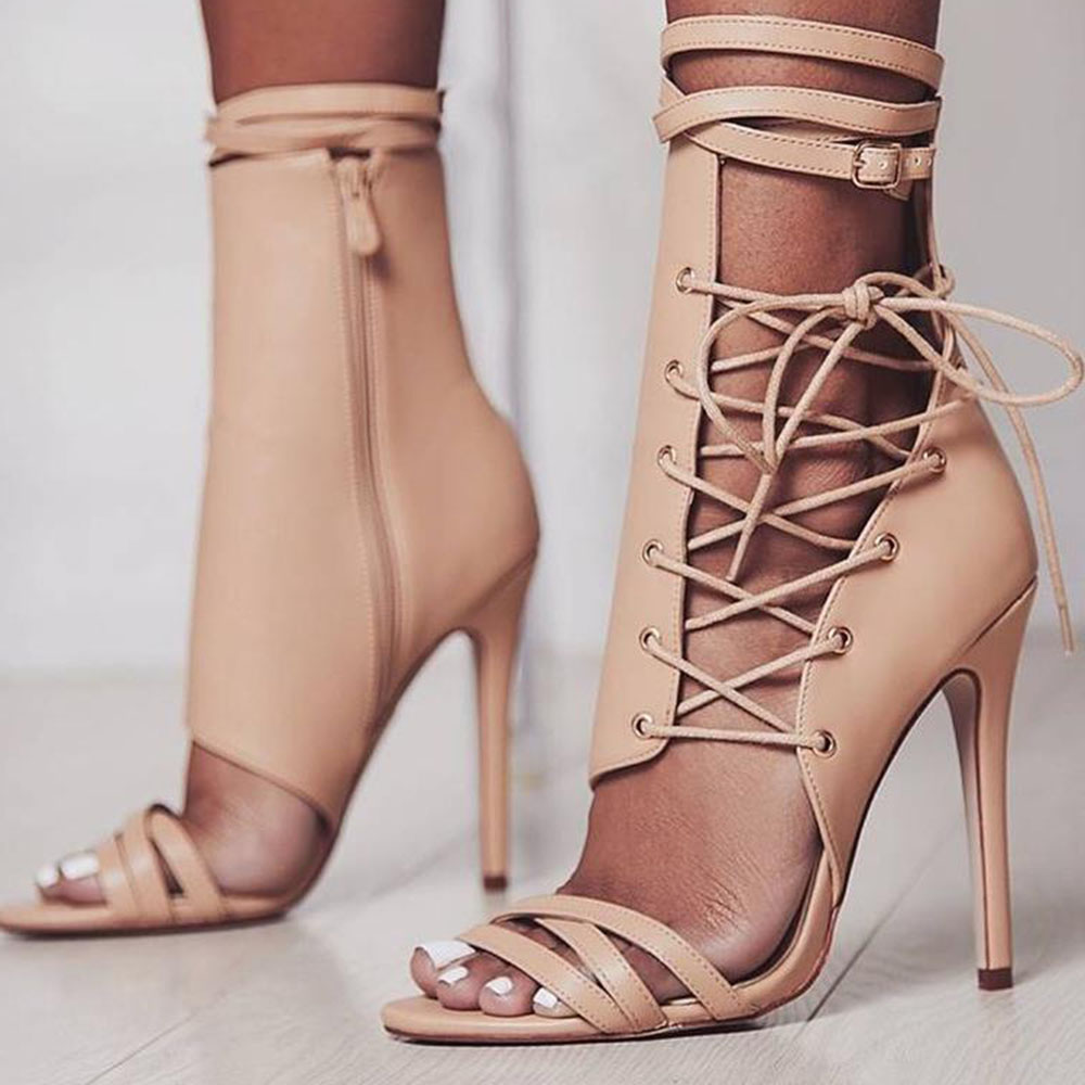 Nude Open Toe 3'' Stiletto Heel Lace Up Ankle Boots Nicepairs