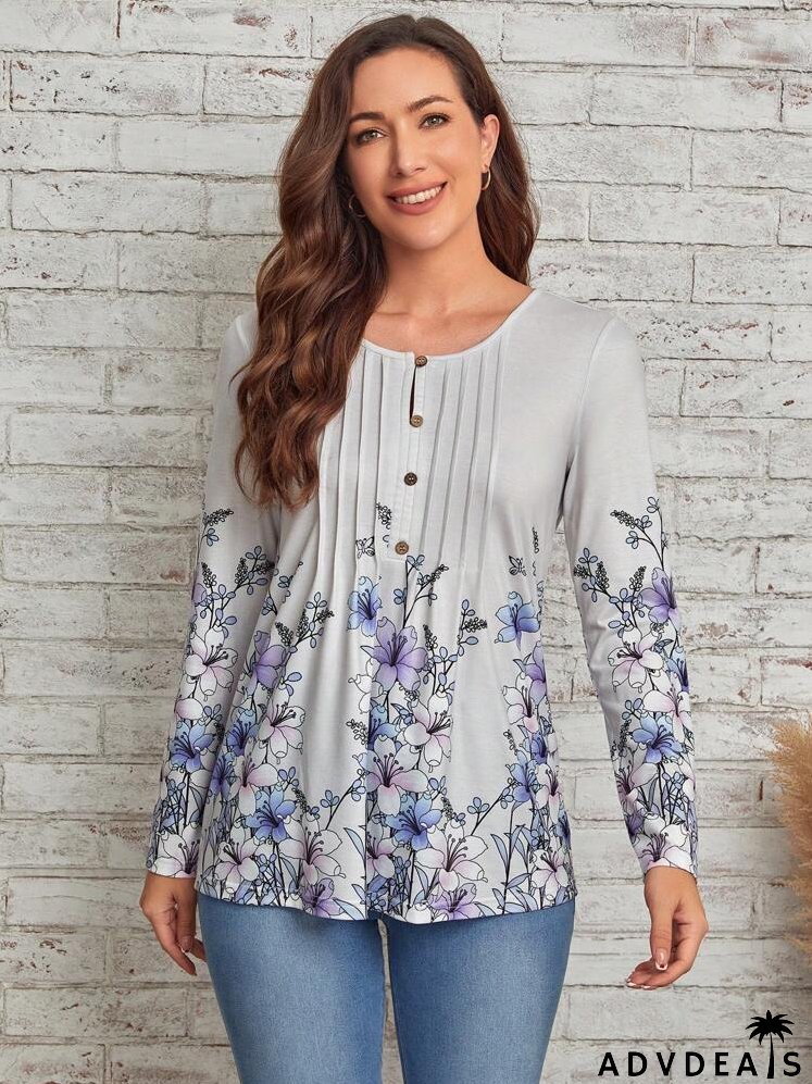 Floral Print Button Front Tee