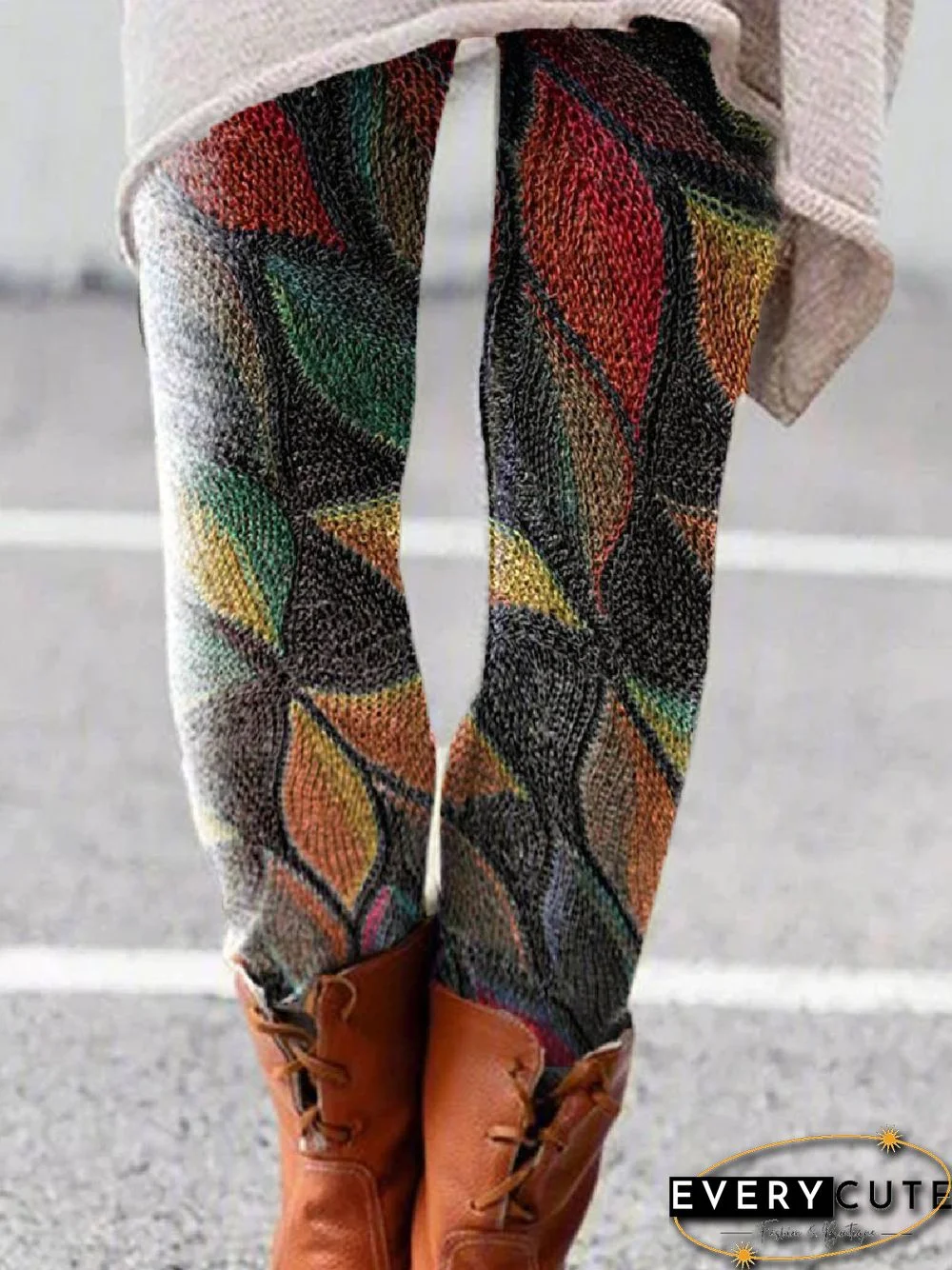Floral-Print Casual Leaves Leggings
