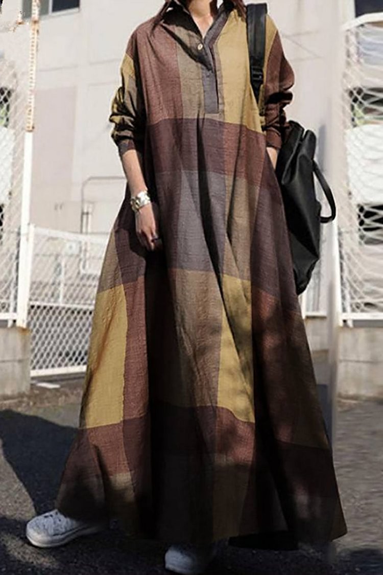 Plaid Linen Long Sleeve Loose Vintage Maxi Dress