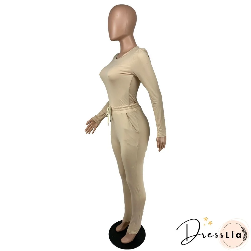 Solid Long Sleeve T Shirt Lace Up Pants Set