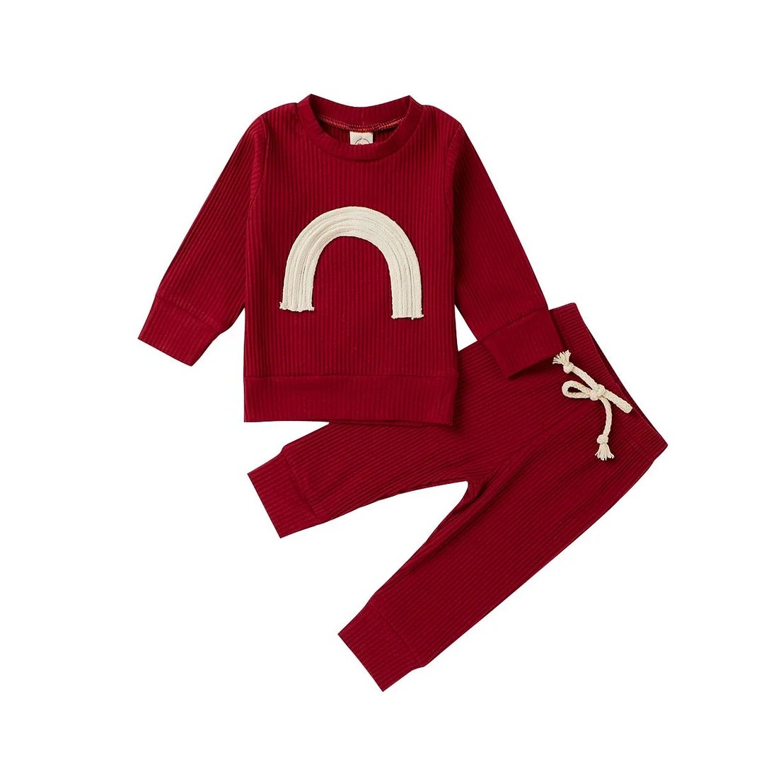 Baby Girl Ribbed Clothes Set Knitting Pullover, Lace-up Pants, Round Collar Long Sleeves Rainbow Top Sports Home Jogger Trousers