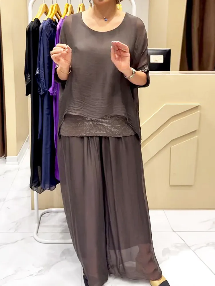 Women's Solid Color Round Neck Short Sleeve Casual Loose Top Elastic Waist Wide Leg Pants Set