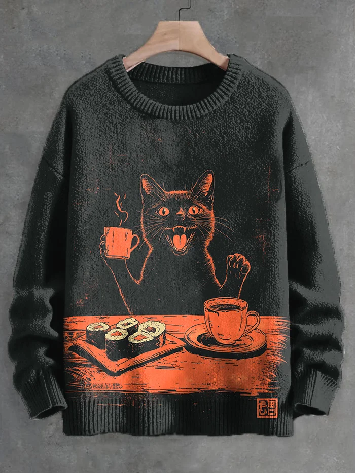 Men's Black Cat Cafe And Sushi Japan Print Knit Sweatshirt