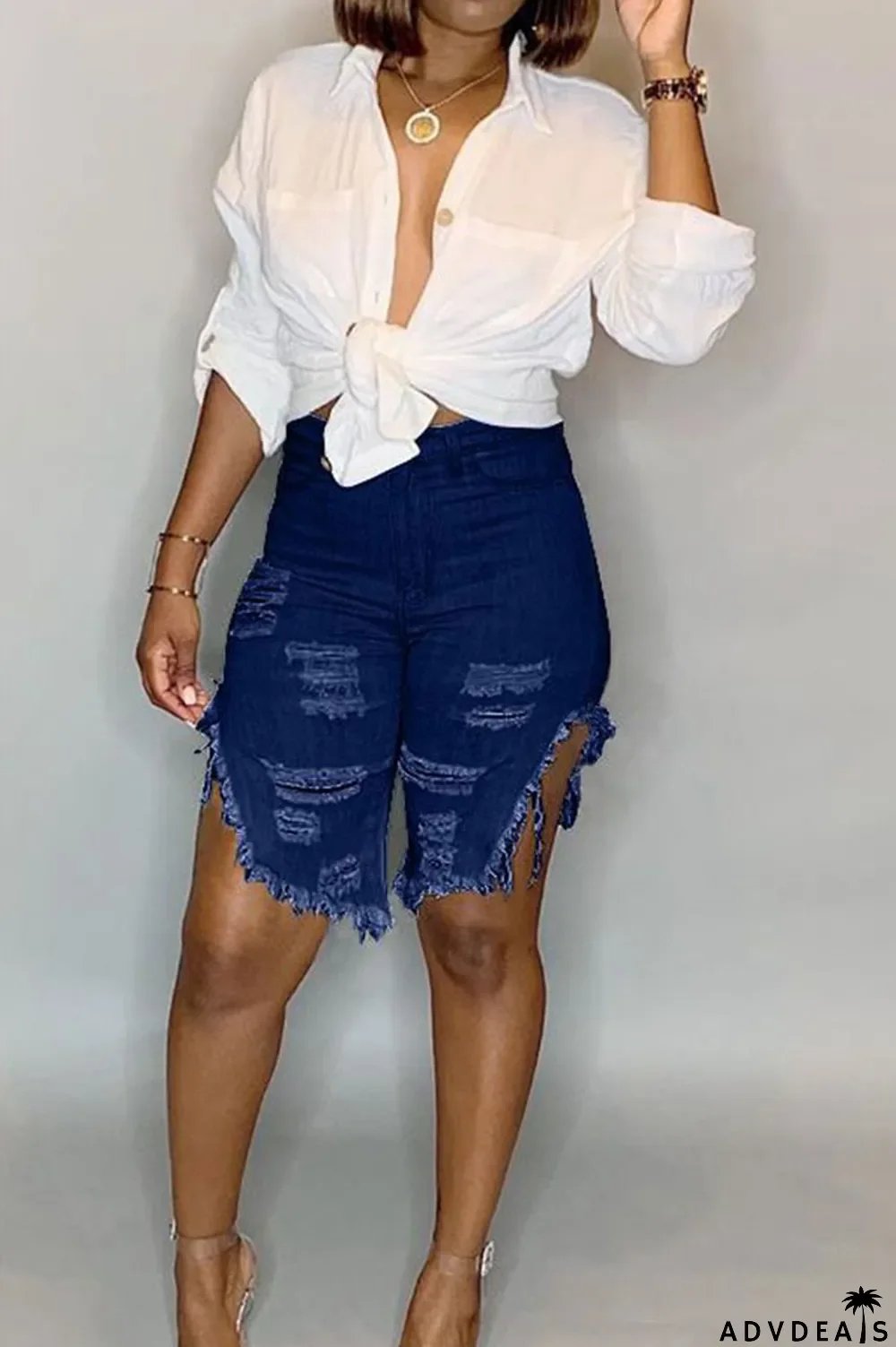 Light Blue Black Light Blue Dark Blue Denim Button Fly Mid Asymmetrical Boot Cut Capris Bottoms