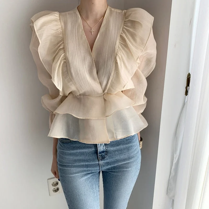 2022 Ruffled Deep V-neck Silk Shirt Fashion Female Vintage Slimming Chiffon Blouse Solid Sweet Flare Sleeve Woman's Shirt 10334