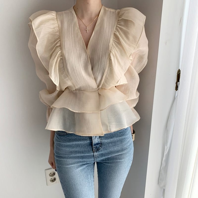 2020 Ruffled Deep V-neck Silk Shirt Fashion Female Vintage Slimming Chiffon Blouse Solid Sweet Flare Sleeve Woman's Shirt 10334