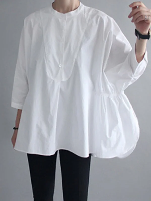 Simple Loose White Round-Neck Bottoned Batwing Half Sleeve Blouse