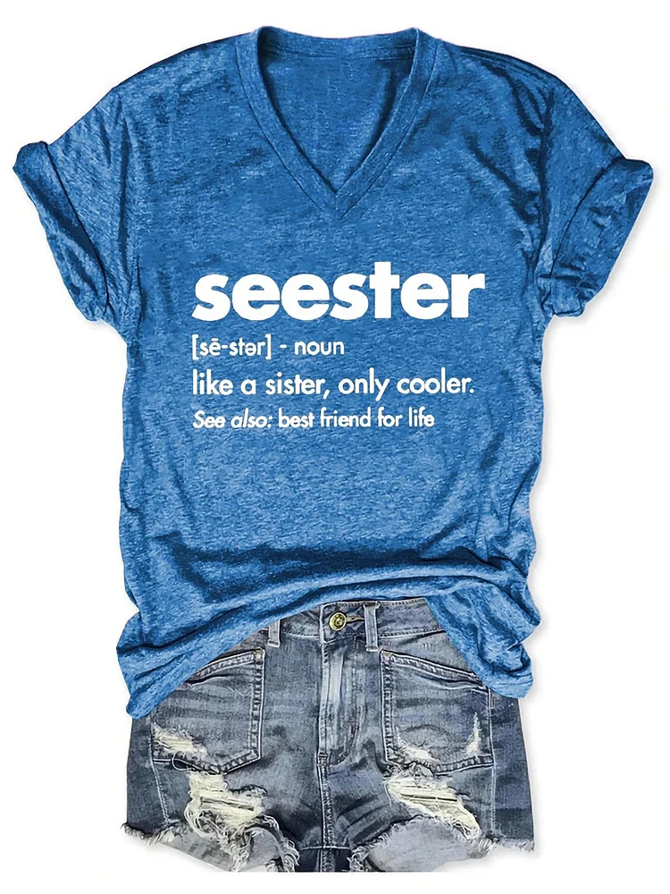 Women Seester Like A Sister Letter Print V-Neck T-Shirt