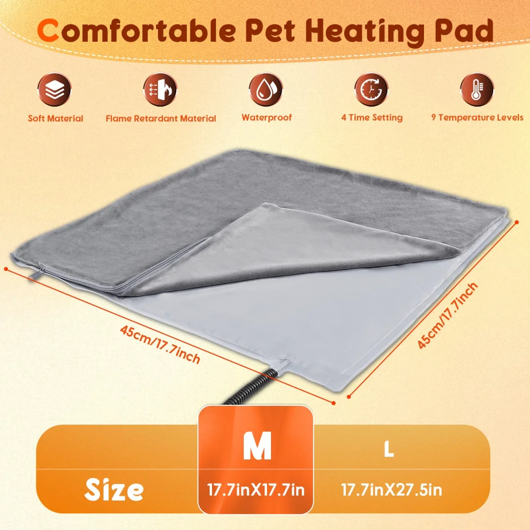 BEBANG Pet Heating Pad for Dog Cat, 6 Adjustable Temperature Dog Cat Heating Pad with Timer, Waterproof Heated Cat Dog Bed