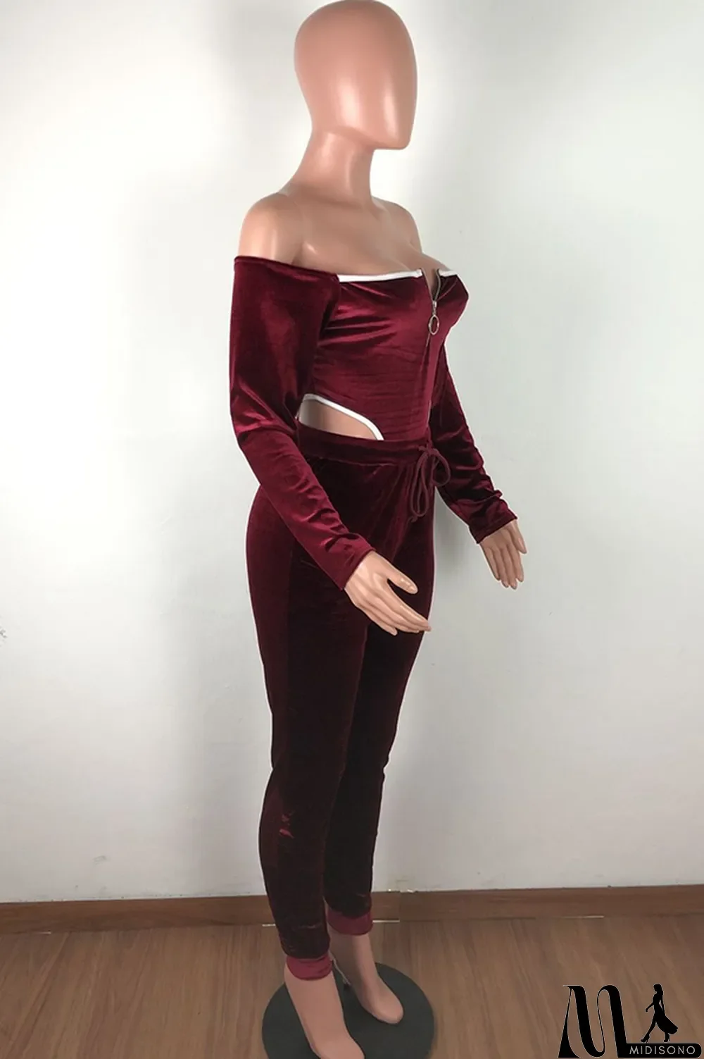 MidiSono - purple Polyester Sexy Solid Two Piece Suits pencil Long Sleeve Two-piece Pants Set