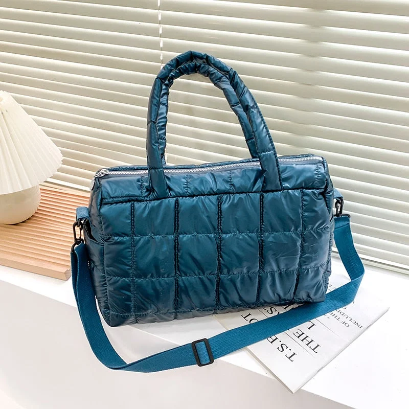 Nylon Waterproof Grid Soft Bucket Crossbody Shoulder Bag for Women 2021 Winter Padded Handbags Kawaii Totes With Short Handle