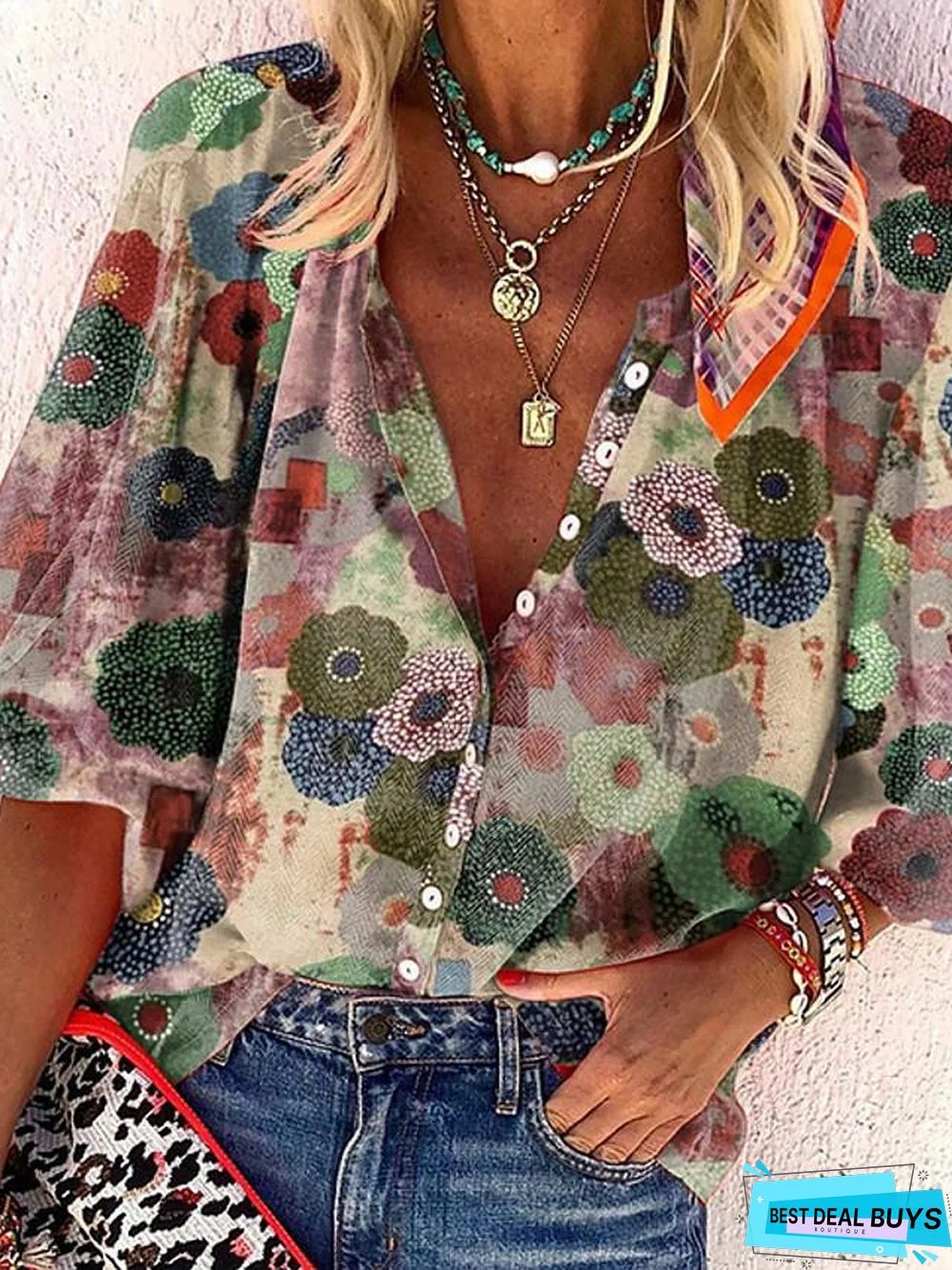 Women's Blouse Shirt Floral Flower Long Sleeve V Neck Tops Loose Basic Top Blue Red