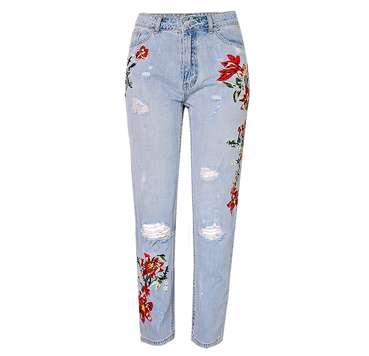Women's High-waisted Straight Embroidery Floral Irregularly Frayed Denim Cropped Pants