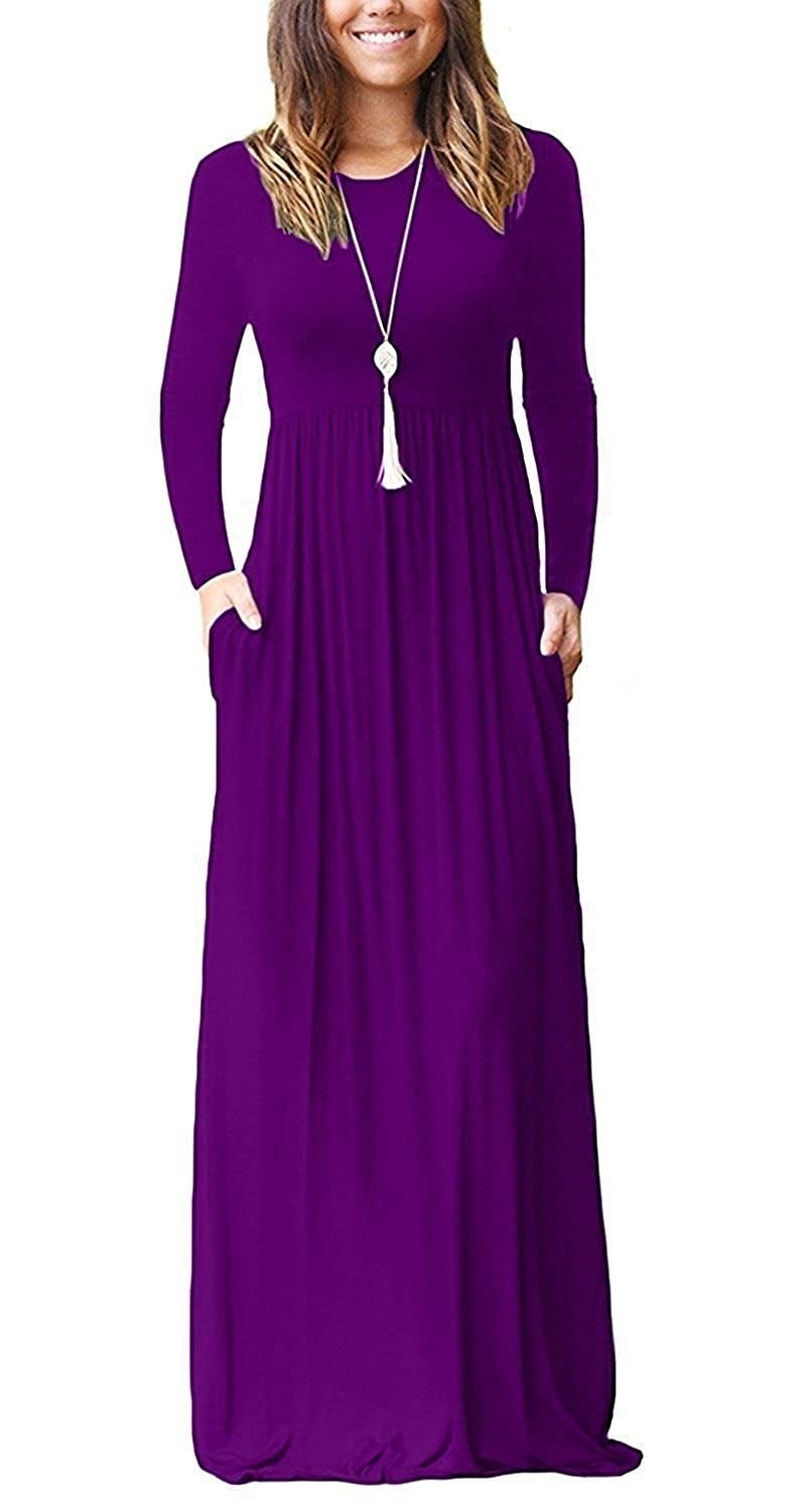 Casual Long Dresses with Pockets Women's Long Sleeve Loose Plain Maxi Dresses