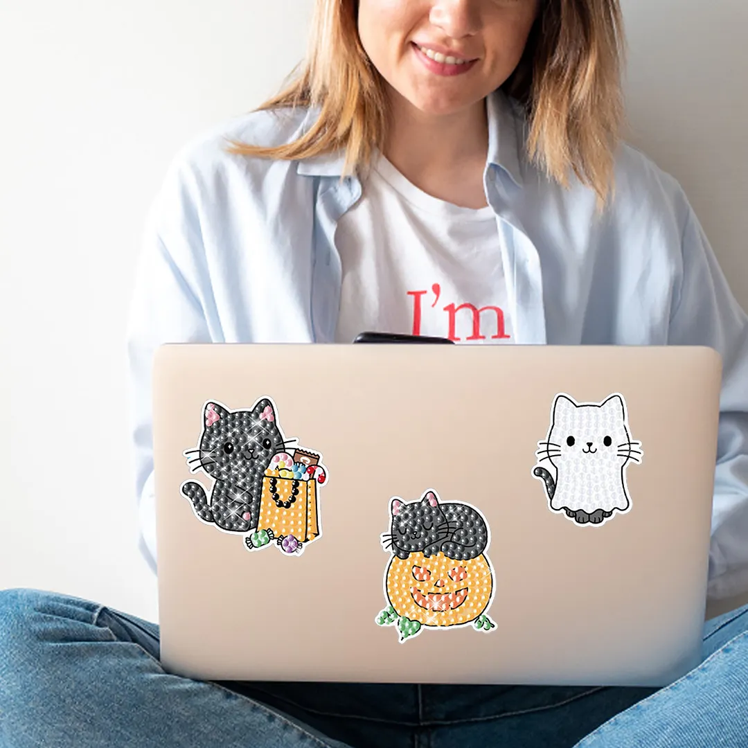DIY Diamond Painting Sticker Diamond Art Stickers Arts and Crafts Decorative Diamond Stickers for Birthday Party Halloween Christmas Gifts (Kitten Pumpkin)
